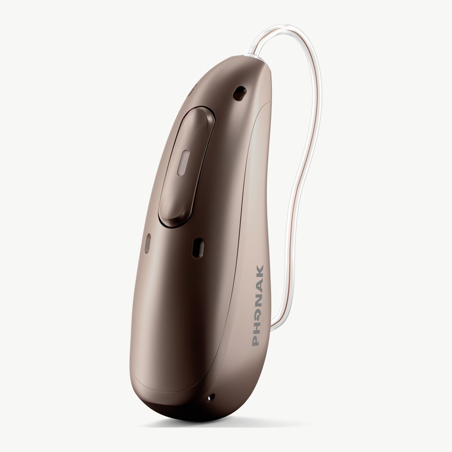 Phonak Audéo Sphere Infinio 耳掛式助聽器機身與細線受話器（栗子色）