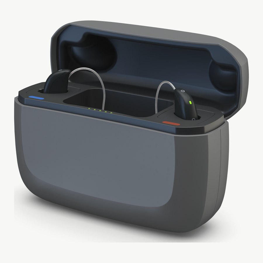 ReSound Vivia 充電座掀開蓋子,兩台助聽器放在充電凹槽中